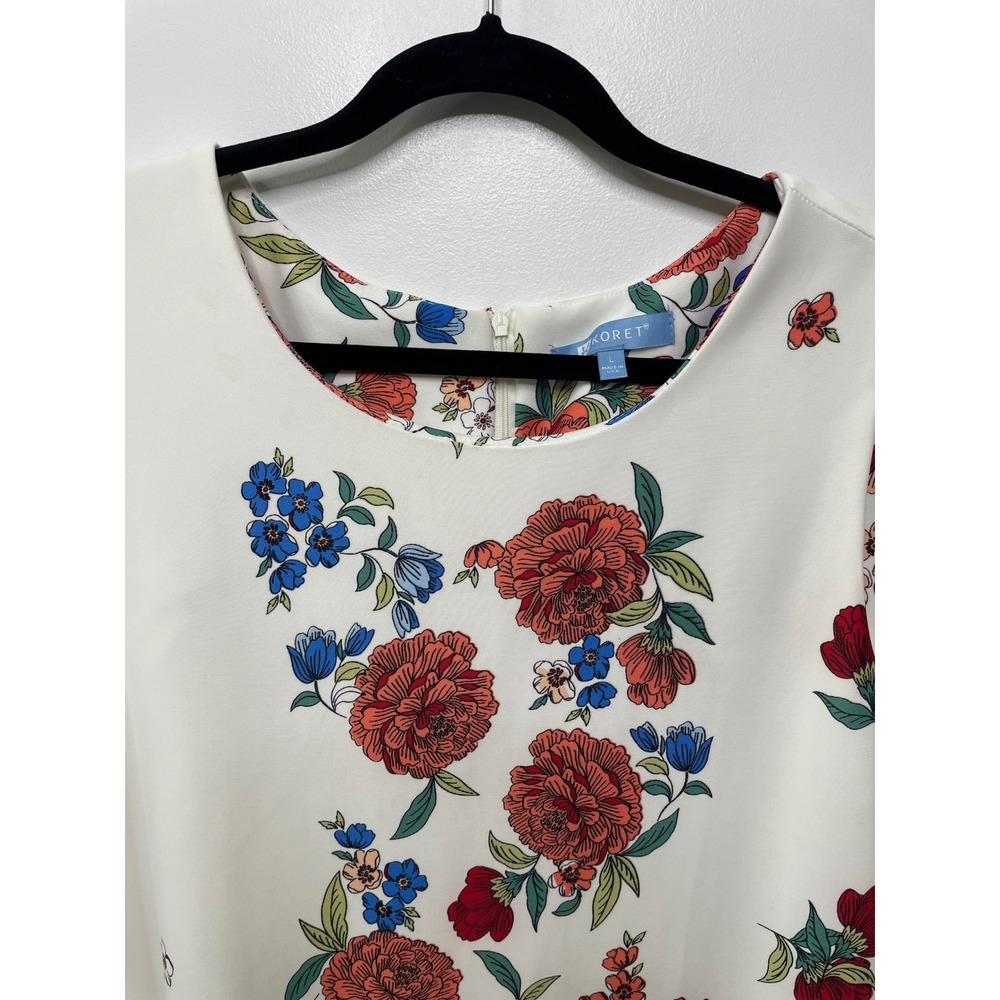 KORET Floral Dress White Red Blue Sleeveless Tank Knee Length L Feminine Flowers - Picture 3 of 10